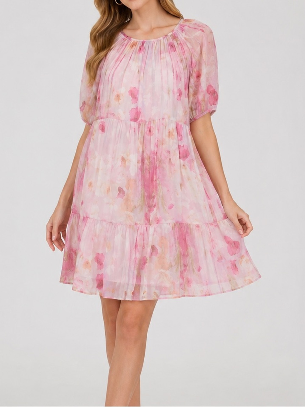 MELLODAY Pink Floral Tiered Chiffon Dress XS Watercolor Puff Sleeve Lined